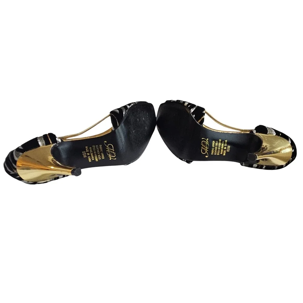 Midnight Velvet Bianca Zebra Animal Print Gold Metallic Peep Toe Heels 8.5M Glam